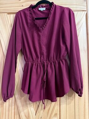 Andree Berry Ruffled V-Neck Drawstring Peplum Blouse maroon